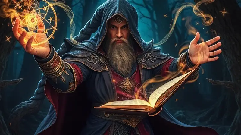 Mago fantástico lanza hechizo brillante mágico