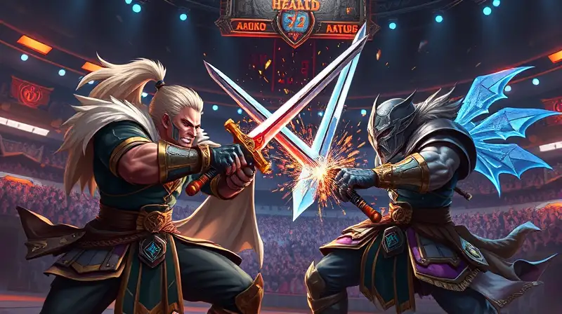 Guerreros fantásticos luchan en arena futurista