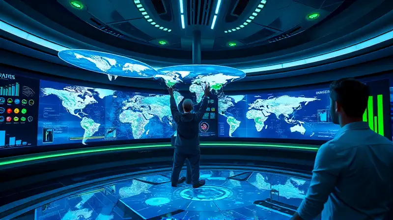 Sala futurista con mapas holográficos interactivos
