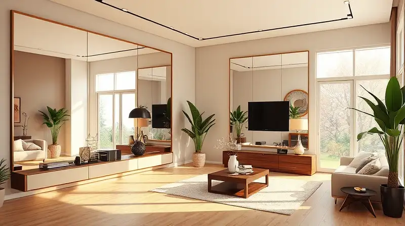 Sala moderna amplia con espejos decorativos
