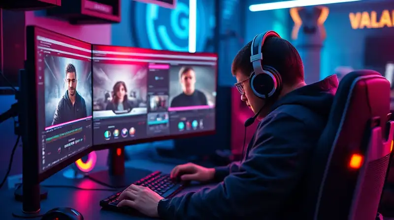 Gamer edita gameplay futurista con luces neón