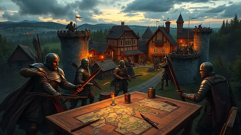 Aldea medieval sitiada con guerreros defendiendo