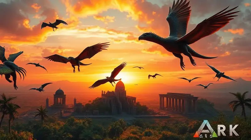 Dinosaurios voladores sobre paisaje prehistórico épico