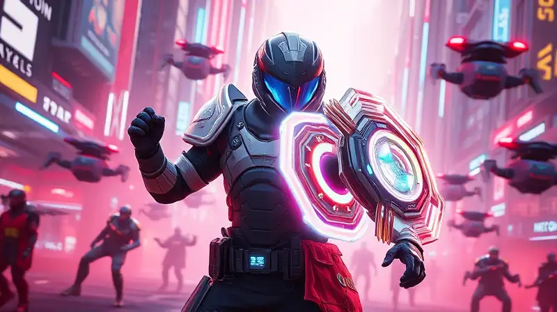 Gamer futurista con armadura y escudos energéticos