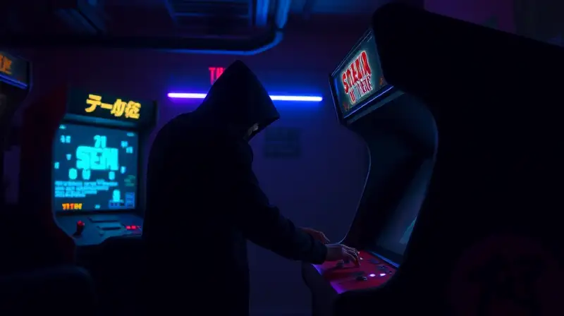 Sala arcade oscura con figura misteriosa