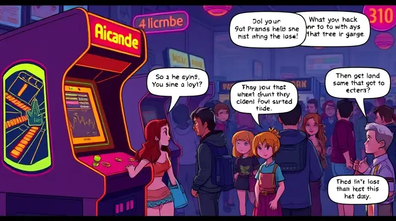 Máquina arcade retro con personajes pixelados conversando