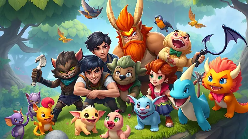 Personajes coloridos cooperan en mundo fantástico