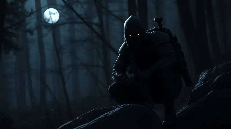 Guerrero solitario acecha en bosque oscuro