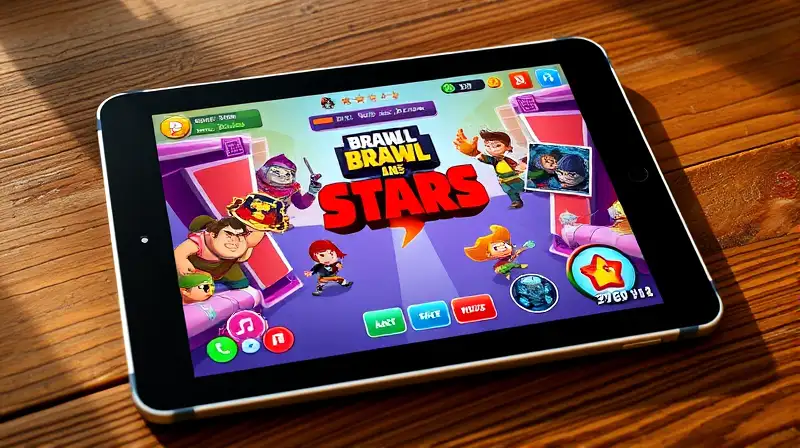 iPad antiguo muestra juego Brawl Stars colorido