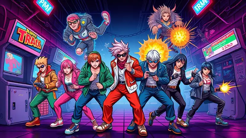 Personajes arcade vibrantes con estética retro-futurista