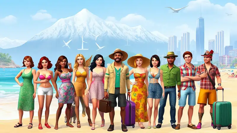 Sims variados con ropa y destinos diversos
