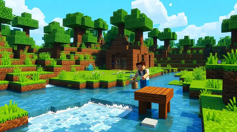 Jugador en Minecraft recolecta agua