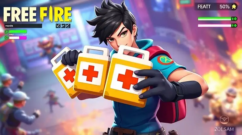 Personaje de Free Fire con múltiples botiquines