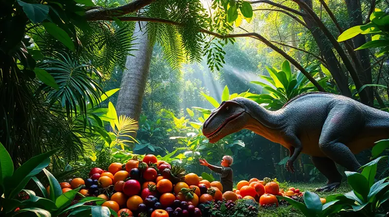 Dinosaurio herbívoro recibe alimento en jungla