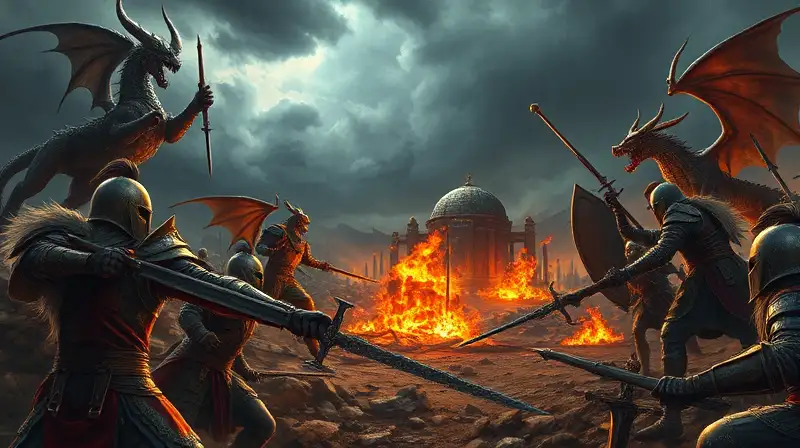 Batalla antigua con humanos y criaturas fantásticas