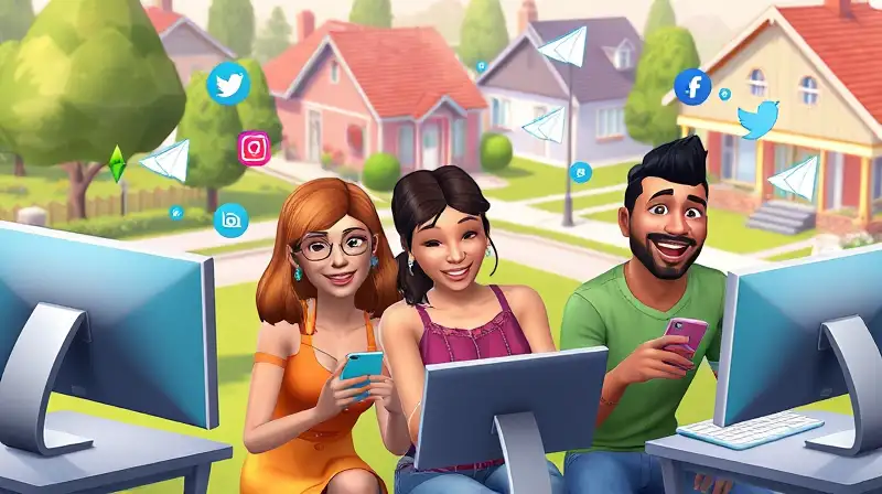 Personajes de Sims interactúan con tecnología y redes