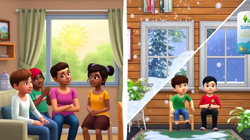 Personajes Sims con clima y actividades variadas