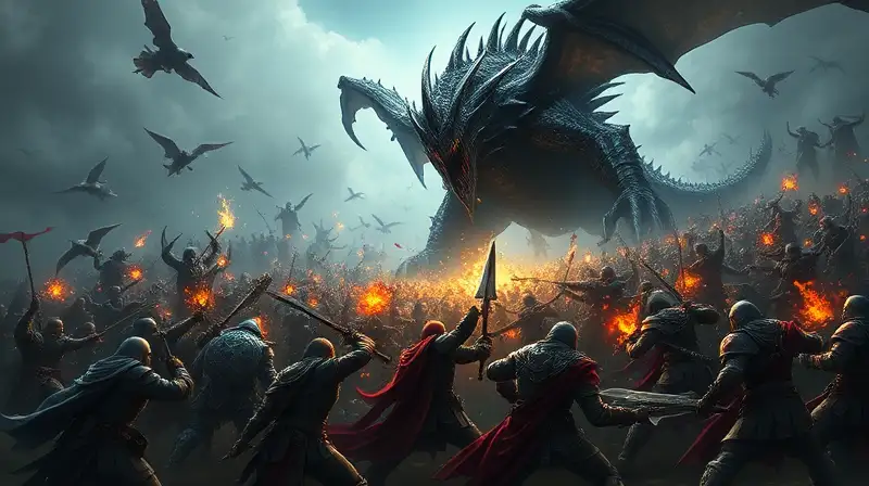 Guerreros fantásticos atacan monstruo gigante