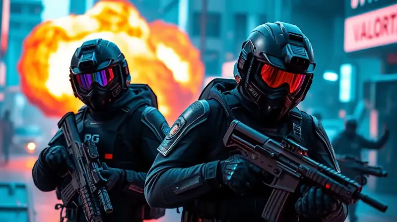 Agentes de Valorant en acción táctica futurista