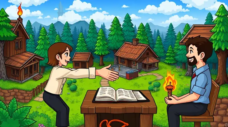 Pixel art: dos jugadores saludándose en bosque