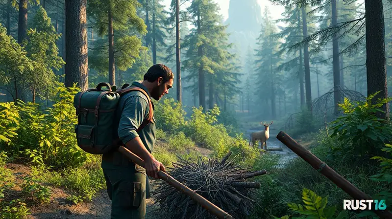 Personaje rústico cosechando recursos en bosque