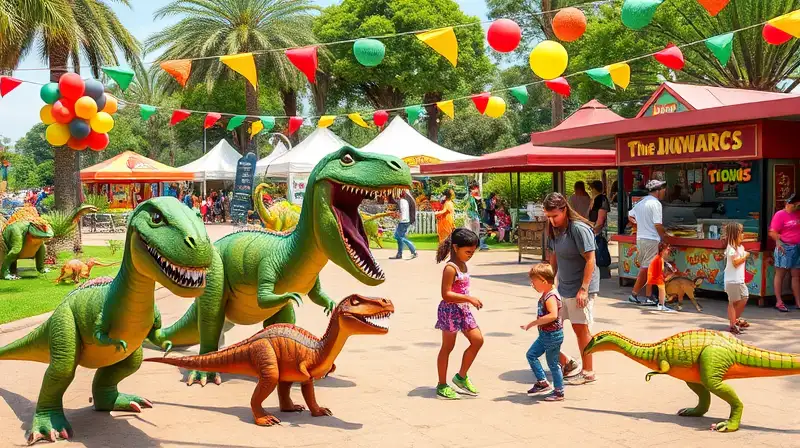 Niños juegan con dinosaurios en parque