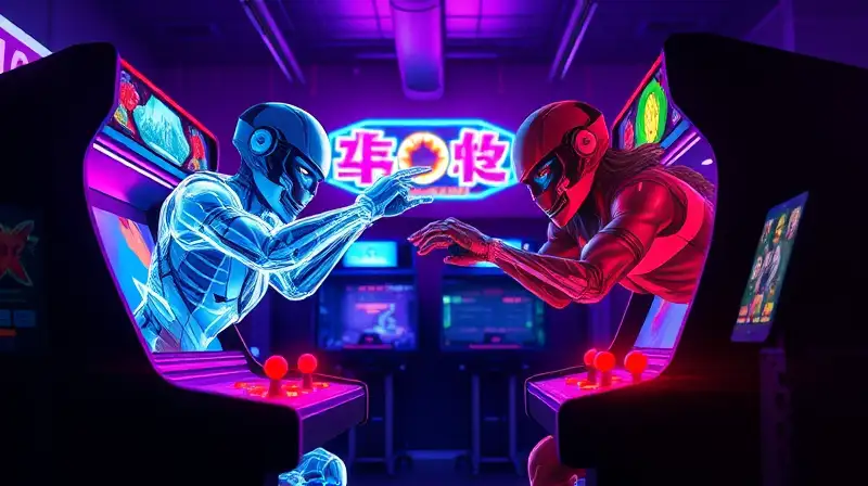 Dos gamers luchan intensamente en arcade