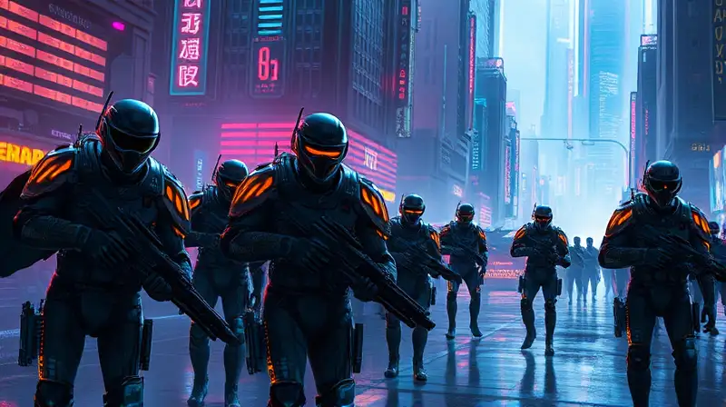 Ciudad futurista con soldados tecnológicos brillantes