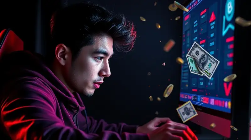 Gamer concentrado con luces y símbolos económicos
