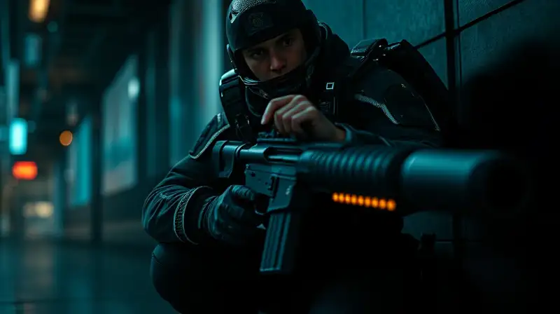 Soldado futurista en sombras con arma silenciosa