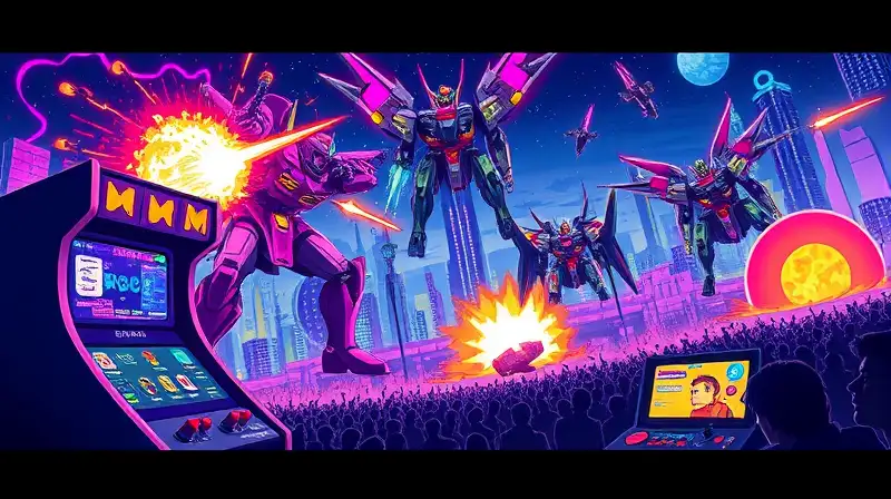 Arcade retro con mechas y ciudad futurista