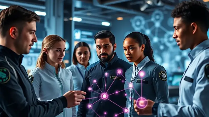 Equipo diverso colaborando en control futurista