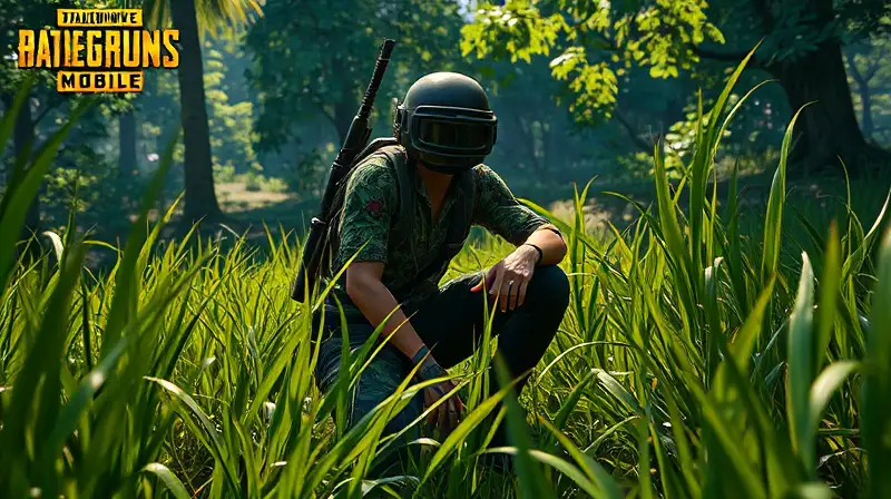 Personaje PUBG móvil agachado en jungla