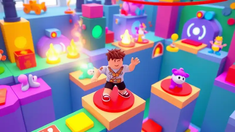 Escena 3D colorida de Roblox con power-ups