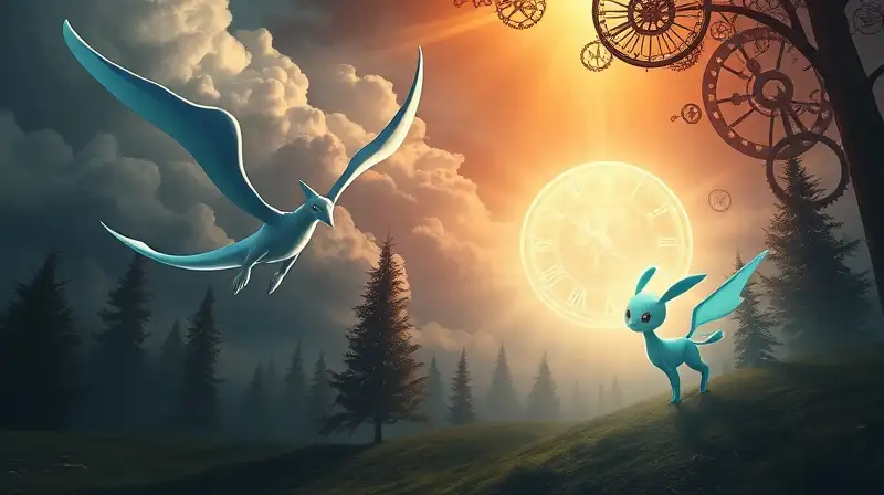 Lugia y Celebi en ambiente mítico y vibrante