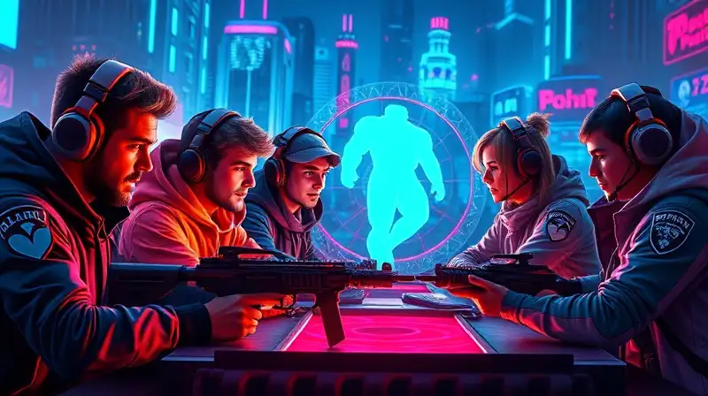 Equipo gamer estratégico en ambiente cyberpunk