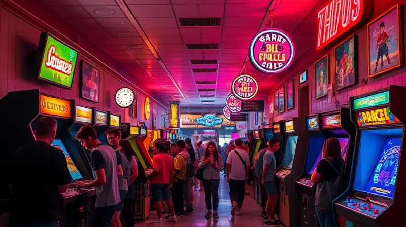 Máquinas arcade vintage en mall ochentero
