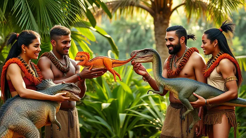 Tribu amigable intercambia dinosaurios en selva