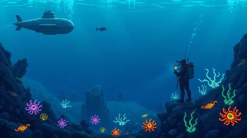 Exploración submarina pixelada con criaturas bioluminiscentes