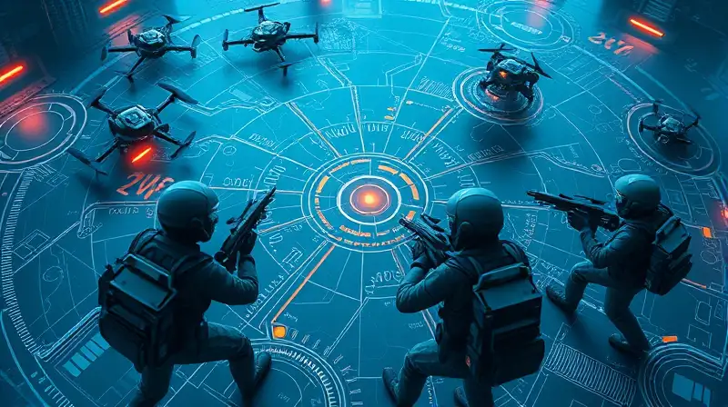 Mapa estratégico digital con soldados futuristas