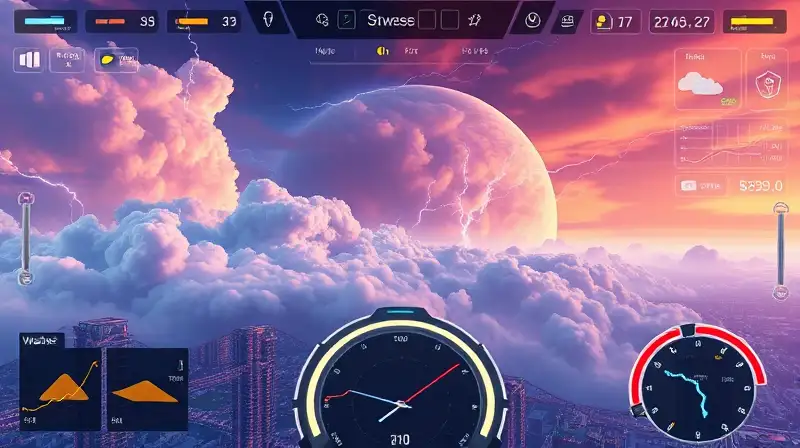 Interfaz futurista con clima dinámico y ciudad