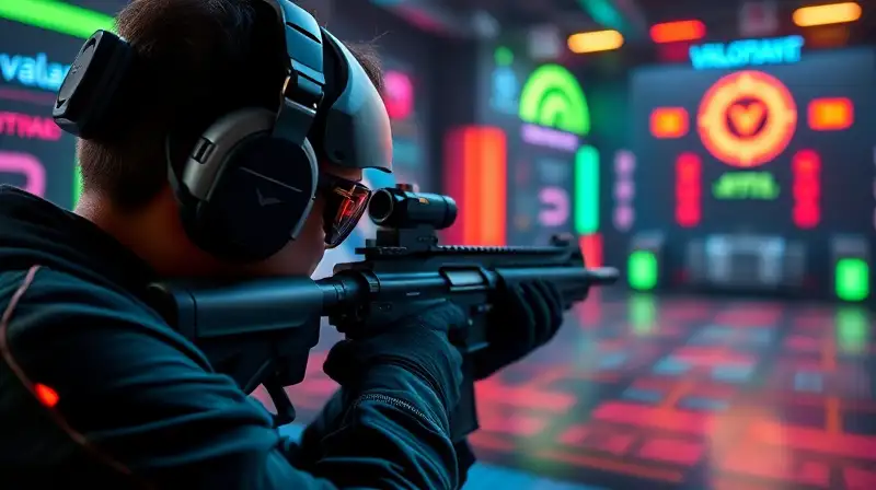 Gamer concentrado en puntería futurista precisa