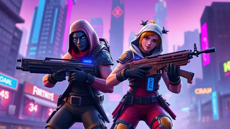 Dos personajes Fortnite en batalla futurista