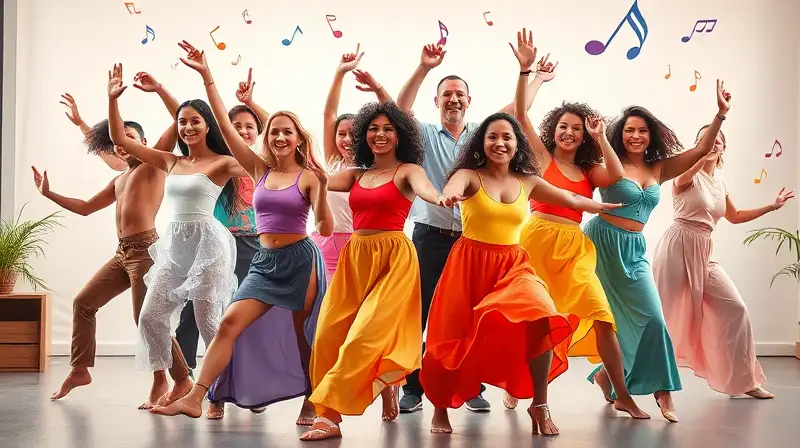 Bailarines diversos y coloridos en movimiento dinámico