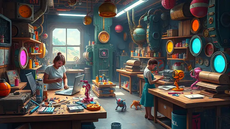 Taller futurista con criaturas y tecnología vibrante