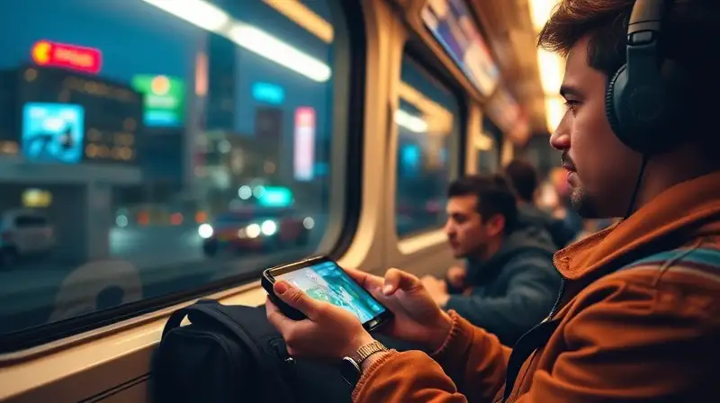 Persona juega consola en tren nocturno