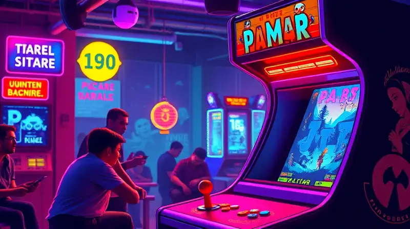 Gabinete arcade retro con colores neón vibrantes