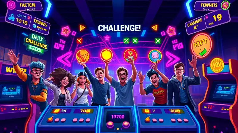 Pantalla arcade vibrante con jugadores emocionados