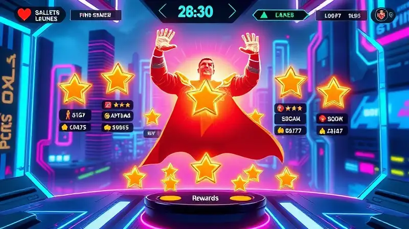 Interfaz futurista con héroe celebrando logros