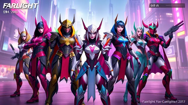 Personajes futuristas de Farlight 84 con neón